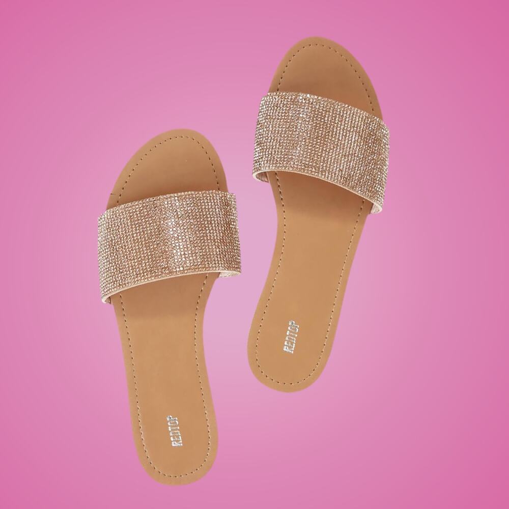 Women's Size 6 Rhinestone Flat Open Toe Sparkle Slide Sandals